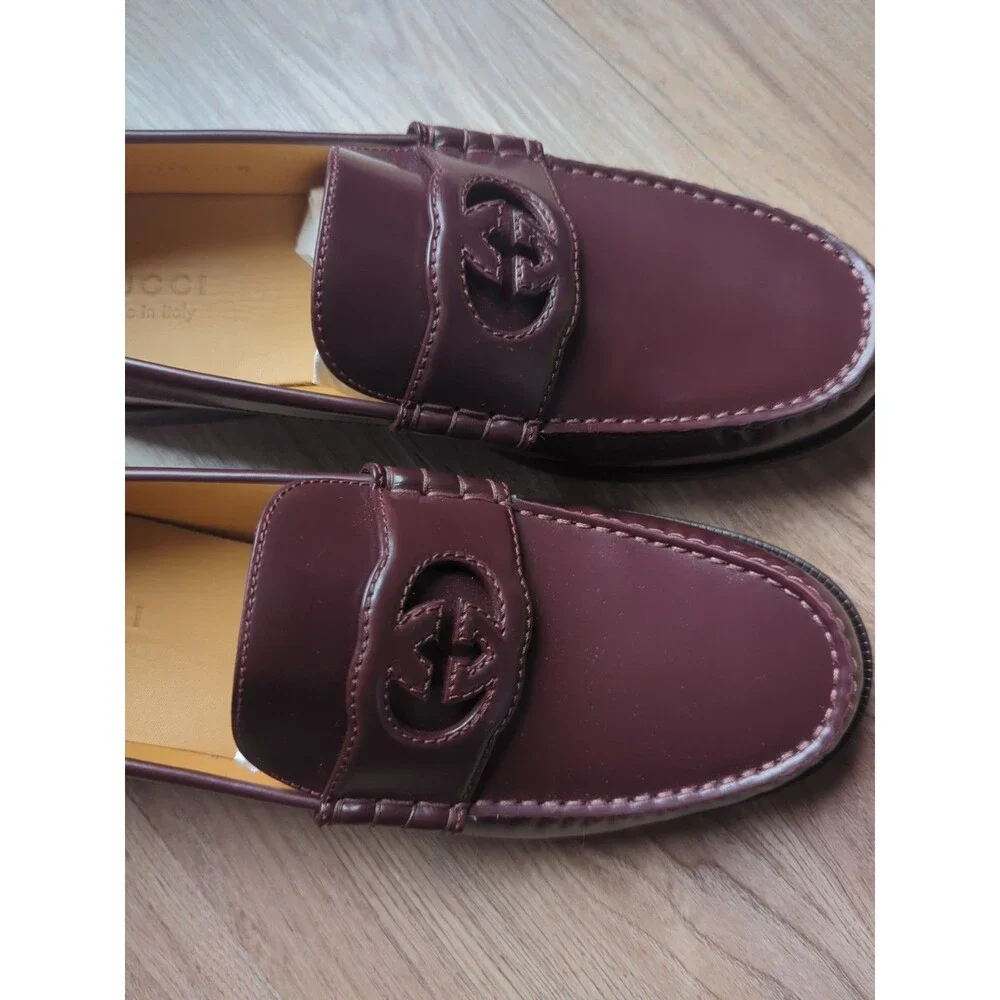 Gucci GG Interlocking Leather Loafers Bordeaux Mens 10